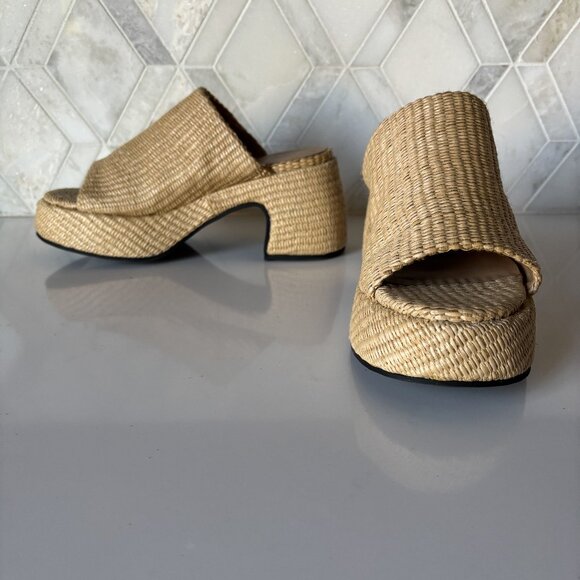Ganni Shoes - Ganni Size 38/7.5 Woven Block Heel Platform Slide Tan Butterfly Raffia 3.5" heel